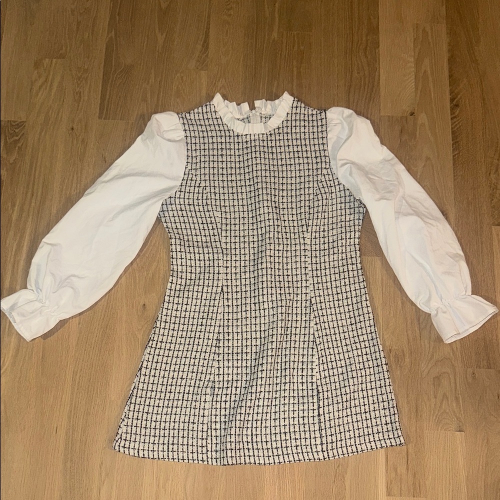 White Puff-Sleeve Tweed A-Line Dress